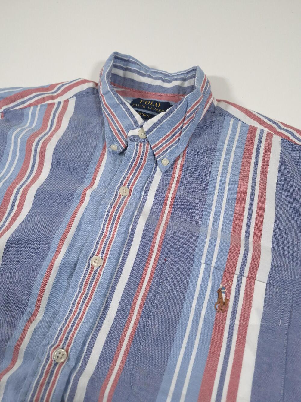 Polo Ralph Lauren Shirt Mens L Blue Stripe Custom Fit S/S Button Down Flesh Pony